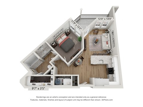 Floor plan for 1 bed, 1 bath, 667 sqft